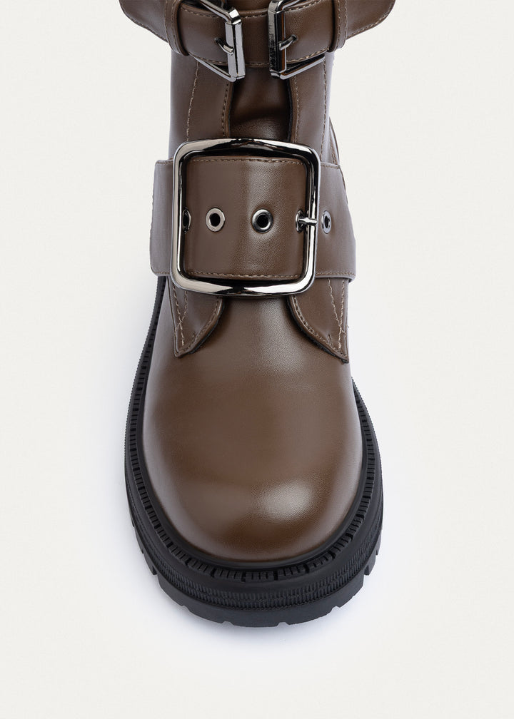 Dual Buckle Combat Boots | Mocha Brown