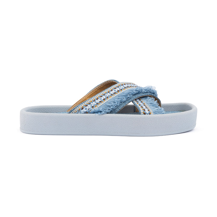 Denim Cross-Strap Slides - Blue