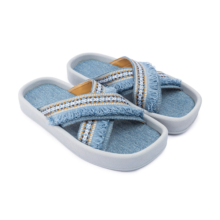 Denim Cross-Strap Slides - Blue