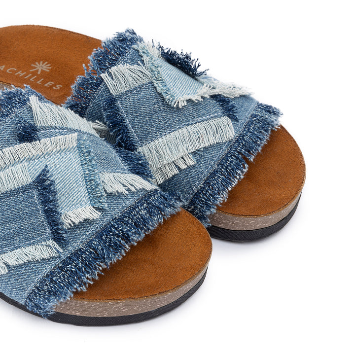 Frayed Denim Slides - Blue