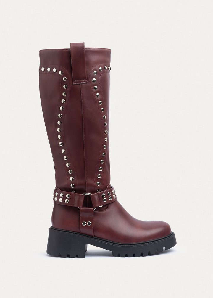 Rebel Studded Tall Boots | Burguandy