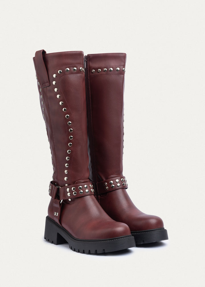 Rebel Studded Tall Boots | Burguandy