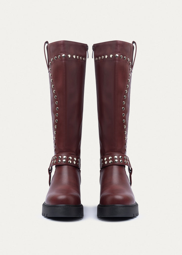 Rebel Studded Tall Boots | Burguandy