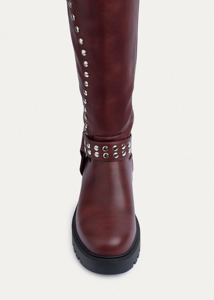 Rebel Studded Tall Boots | Burguandy