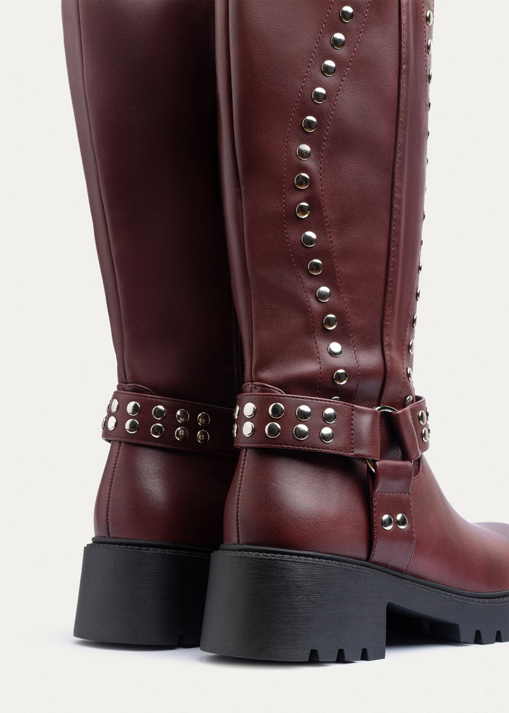 Rebel Studded Tall Boots | Burguandy