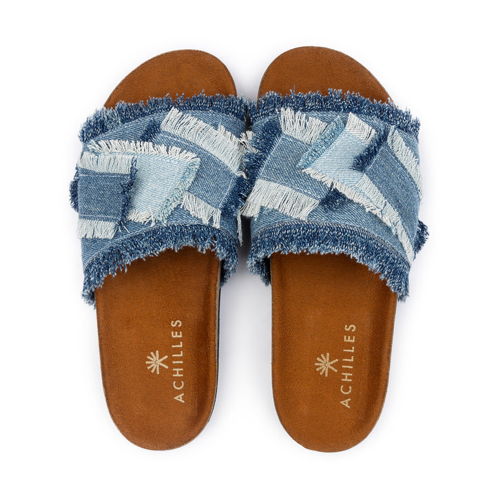 Frayed Denim Slides - Blue