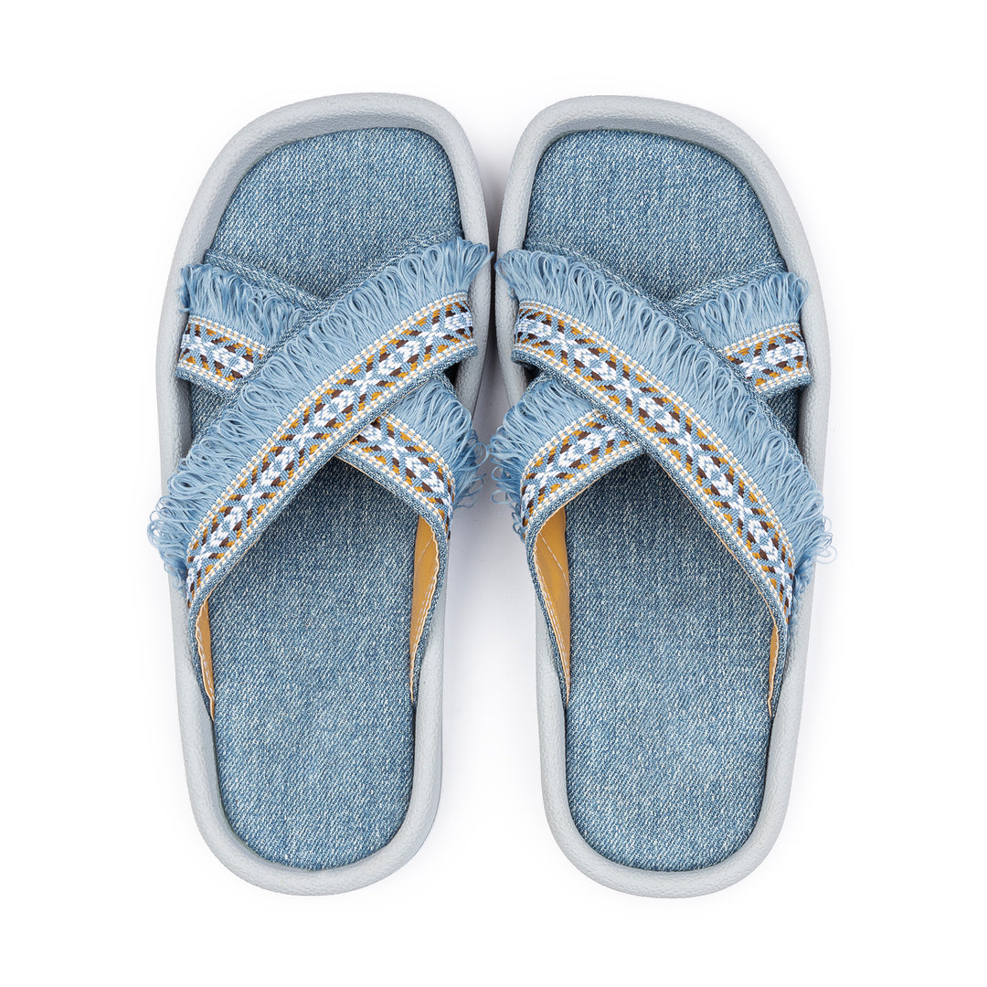 Denim Cross-Strap Slides - Blue