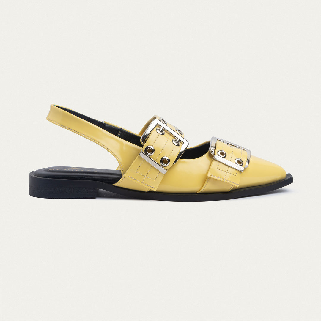 Achilles Lana|Slingback Buckle Pointy Flats - Glossy Yellow