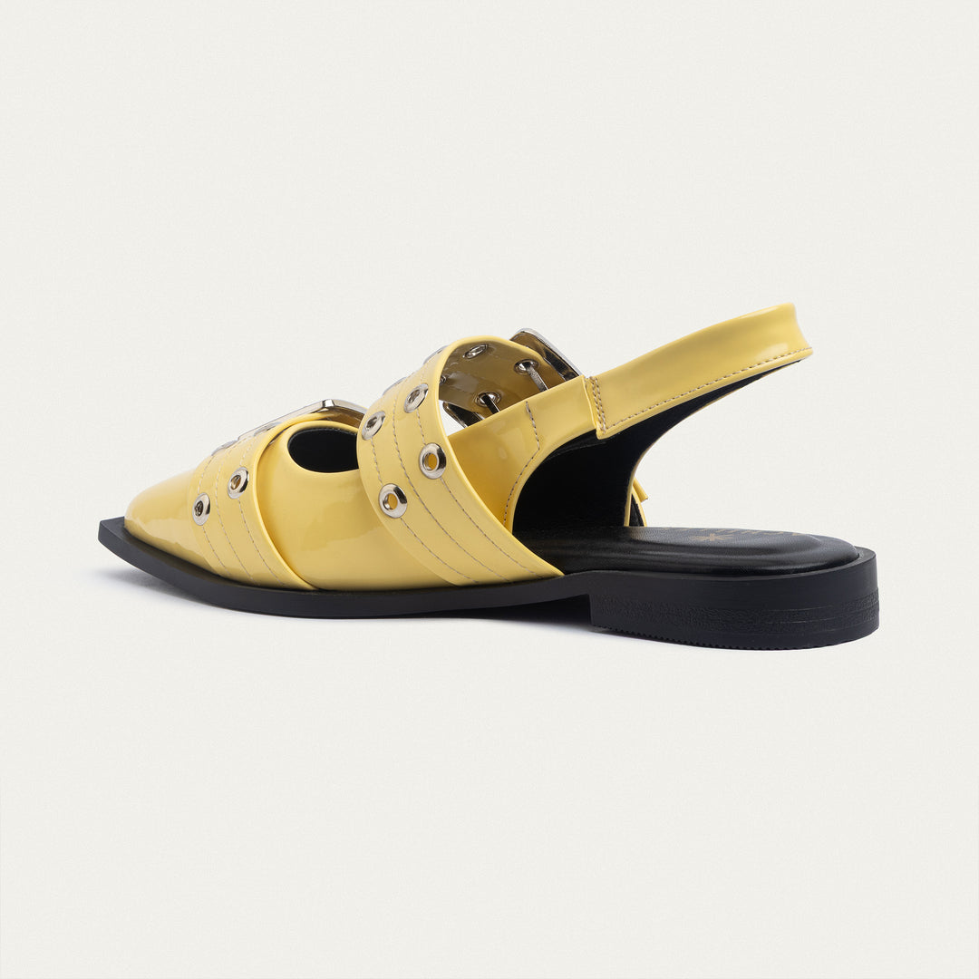 Achilles Lana|Slingback Buckle Pointy Flats - Glossy Yellow