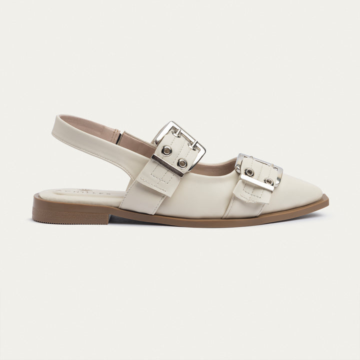 Achilles Lana|Slingback Buckle Pointy Flats - Beige