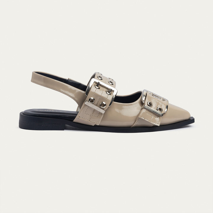 Achilles Lana|Slingback Buckle Pointy Flats - Glossy Café