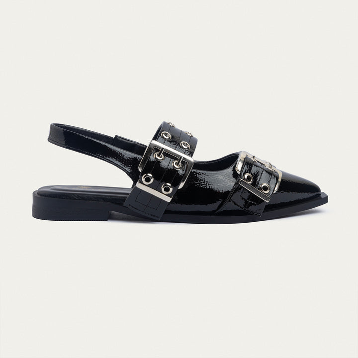 Lana Slingback Buckle Pointy Flats | Glossy Black