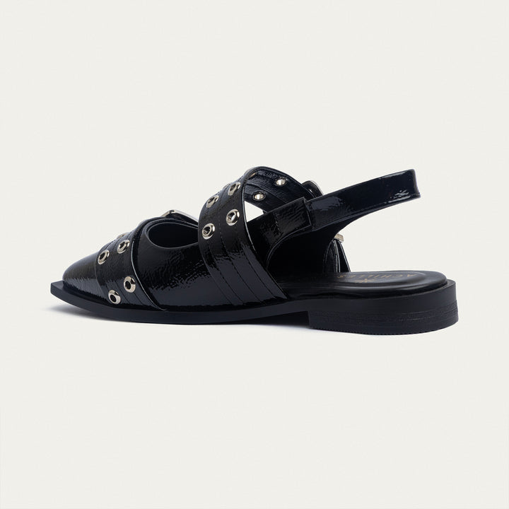 Lana Slingback Buckle Pointy Flats | Glossy Black