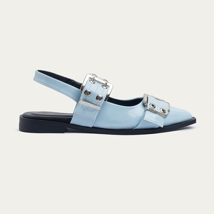 Achilles Lana|Slingback Buckle Pointy Flats - Glossy Baby Blue