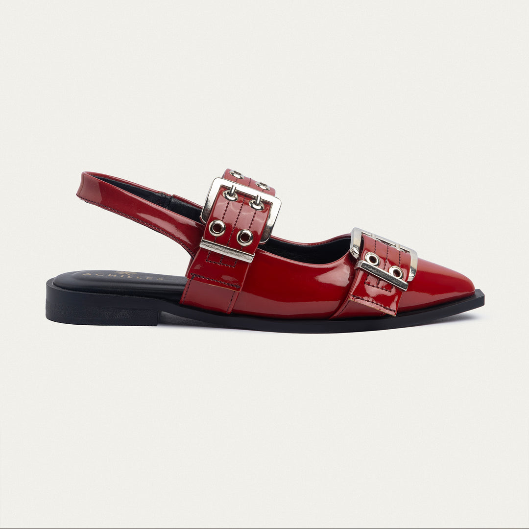 Achilles Lana|Slingback Buckle Pointy Flats - Glossy Cherry Red