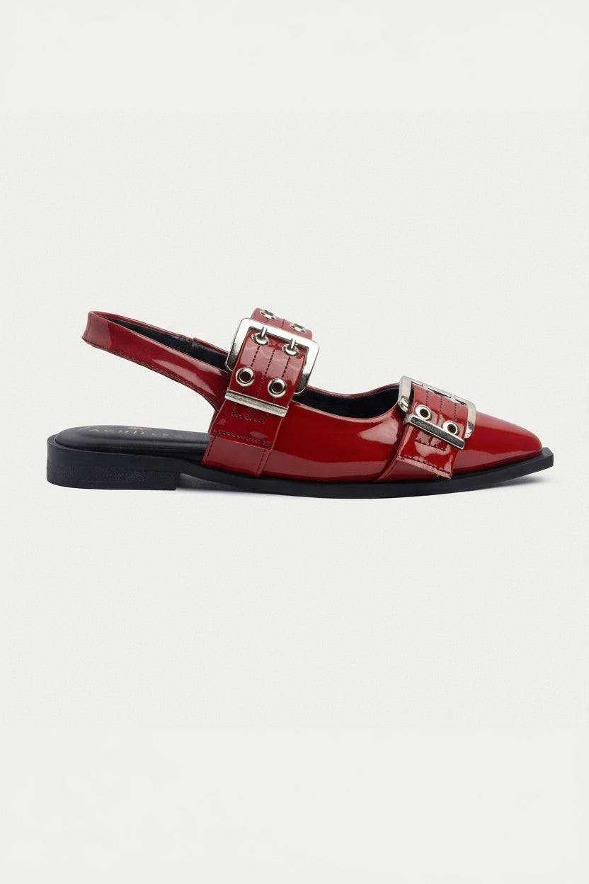 Achilles Lana|Slingback Buckle Pointy Flats - Glossy Cherry Red