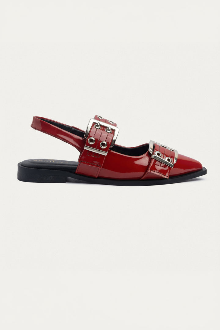 Achilles Lana|Slingback Buckle Pointy Flats - Glossy Cherry Red