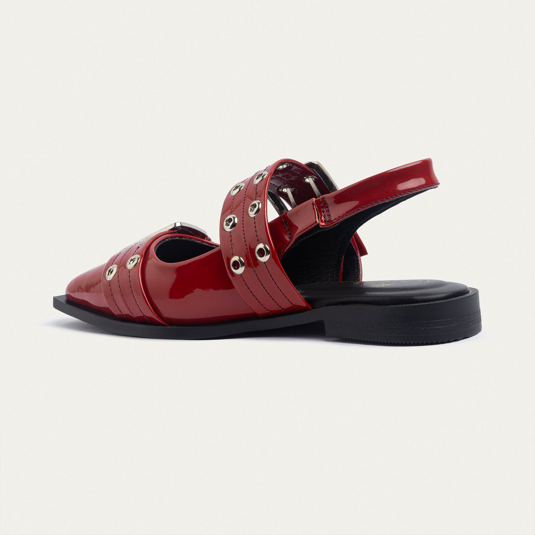 Achilles Lana|Slingback Buckle Pointy Flats - Glossy Cherry Red