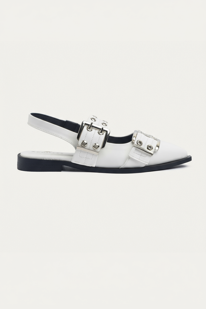 Lana Slingback Buckle Pointy Flats | White