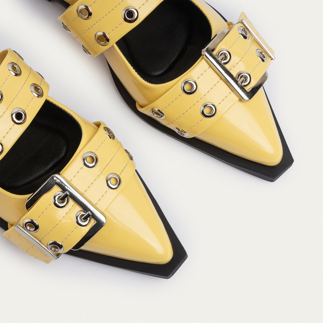 Achilles Lana|Slingback Buckle Pointy Flats - Glossy Yellow