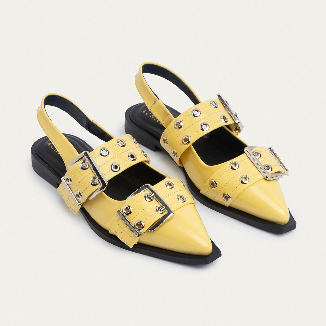 Achilles Lana|Slingback Buckle Pointy Flats - Glossy Yellow