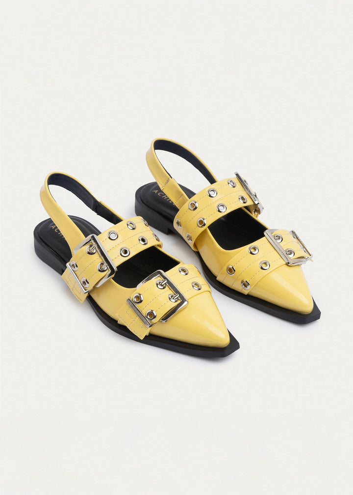 Achilles Lana|Slingback Buckle Pointy Flats - Glossy Yellow