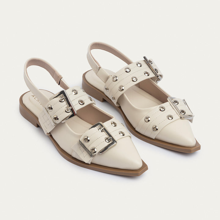 Achilles Lana|Slingback Buckle Pointy Flats - Beige