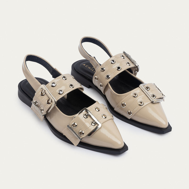 Achilles Lana|Slingback Buckle Pointy Flats - Glossy Café