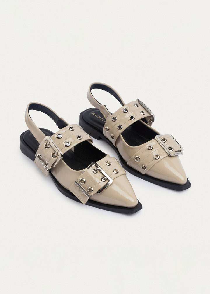 Achilles Lana|Slingback Buckle Pointy Flats - Glossy Café