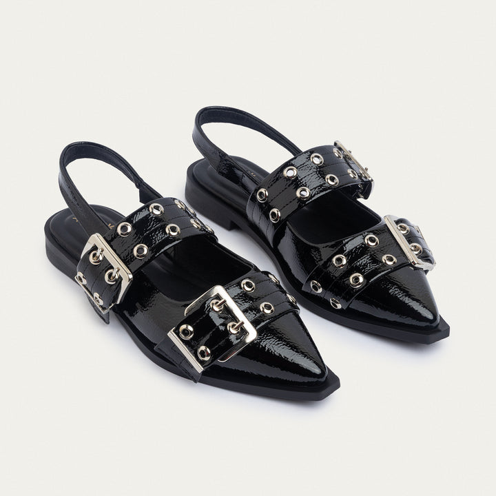 Lana Slingback Buckle Pointy Flats | Glossy Black