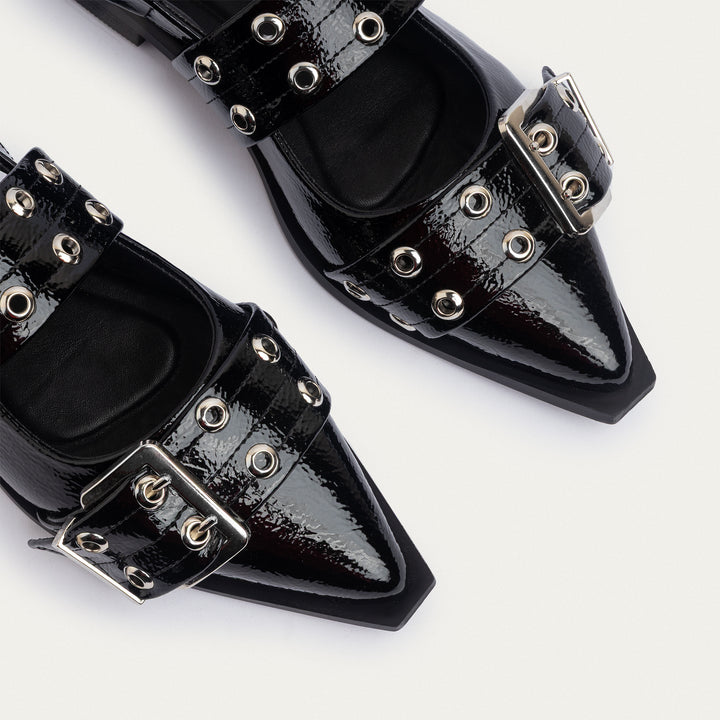 Lana Slingback Buckle Pointy Flats | Glossy Black