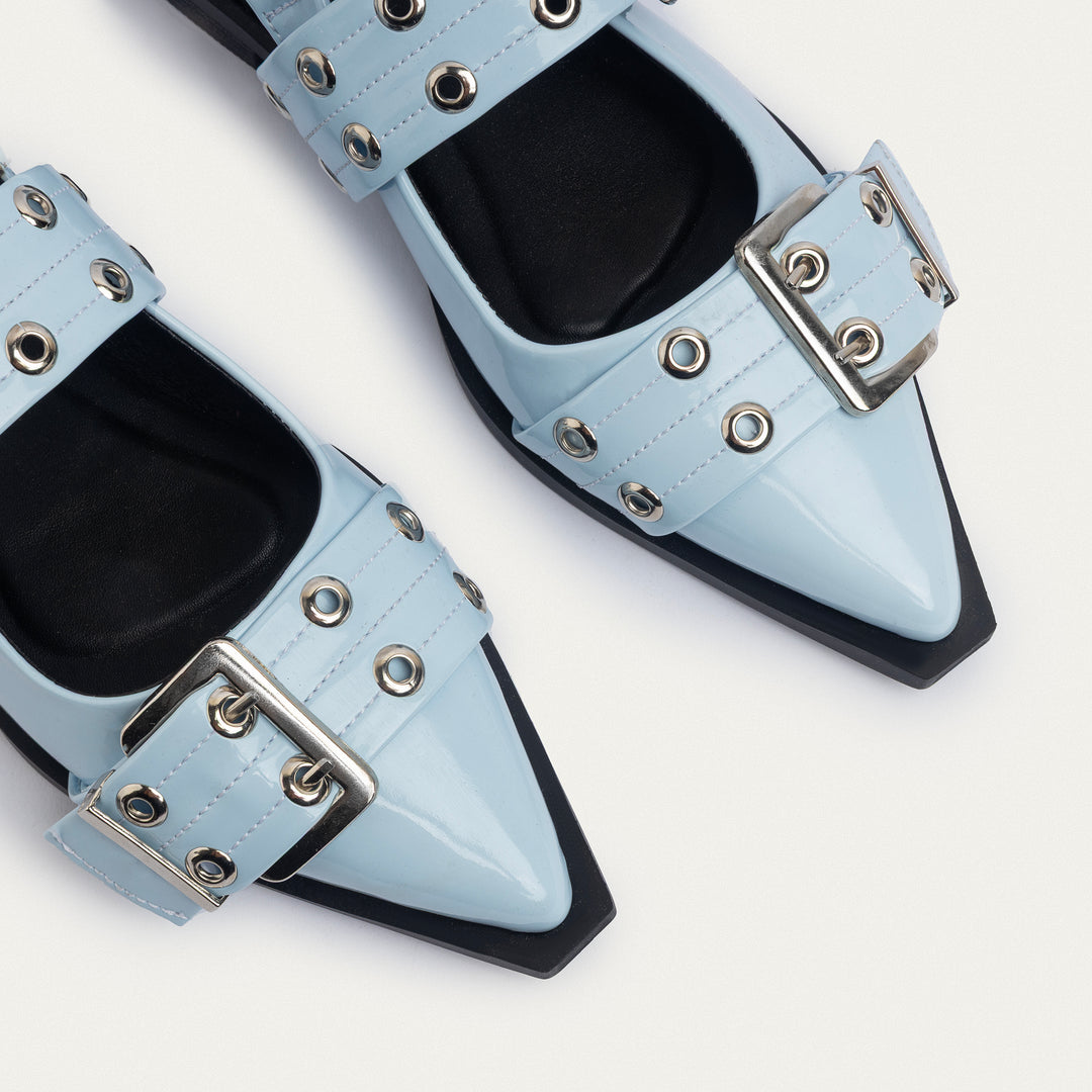 Achilles Lana|Slingback Buckle Pointy Flats - Glossy Baby Blue