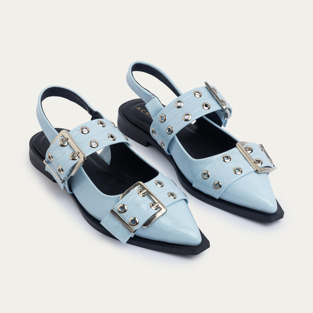 Achilles Lana|Slingback Buckle Pointy Flats - Glossy Baby Blue