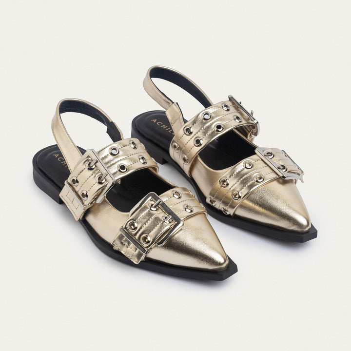 Achilles Lana|Slingback Buckle Pointy Flats - Gold