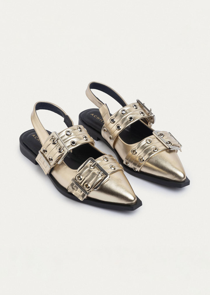 Achilles Lana|Slingback Buckle Pointy Flats - Gold