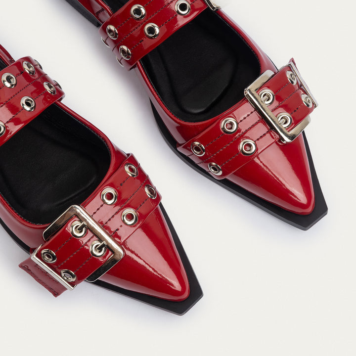 Achilles Lana|Slingback Buckle Pointy Flats - Glossy Cherry Red