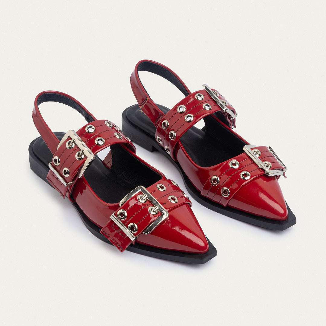 Achilles Lana|Slingback Buckle Pointy Flats - Glossy Cherry Red