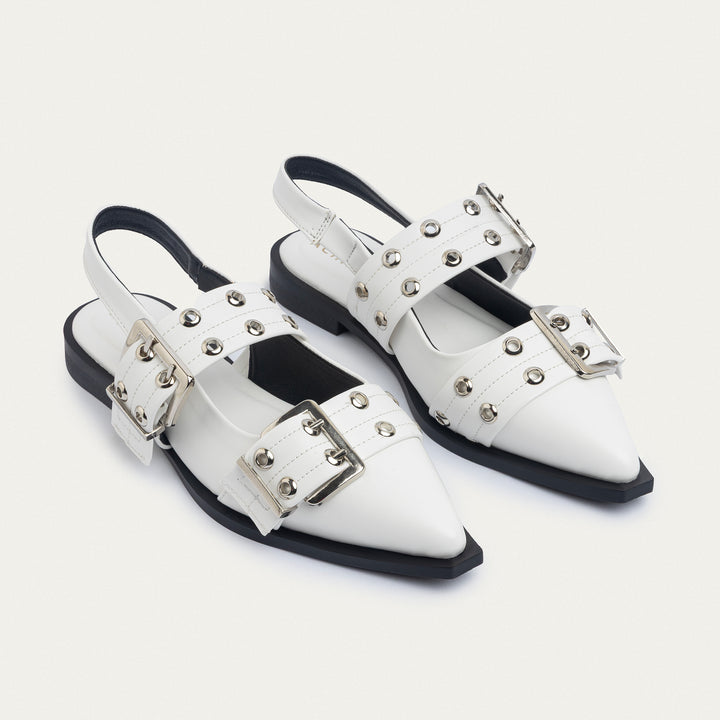 Achilles Lana|Slingback Buckle Pointy Flats - White