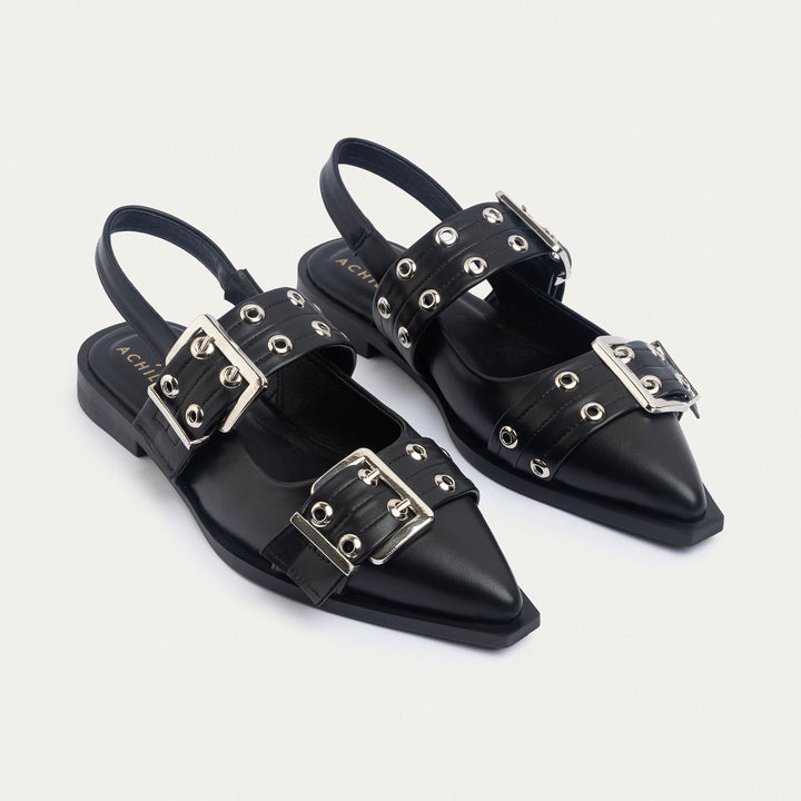 Lana Slingback Buckle Pointy Flats | Black