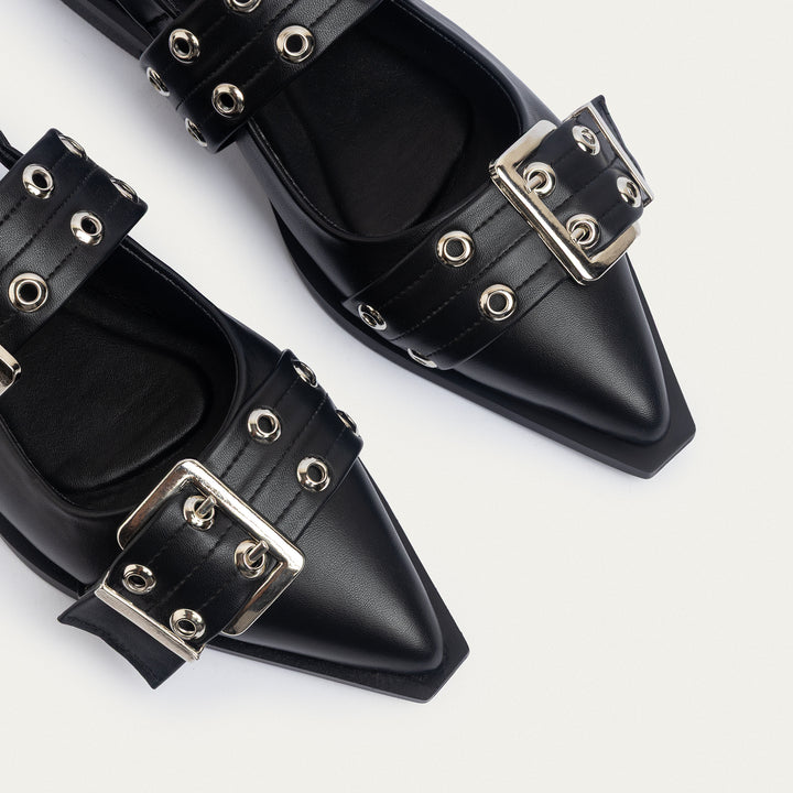 Lana Slingback Buckle Pointy Flats | Black