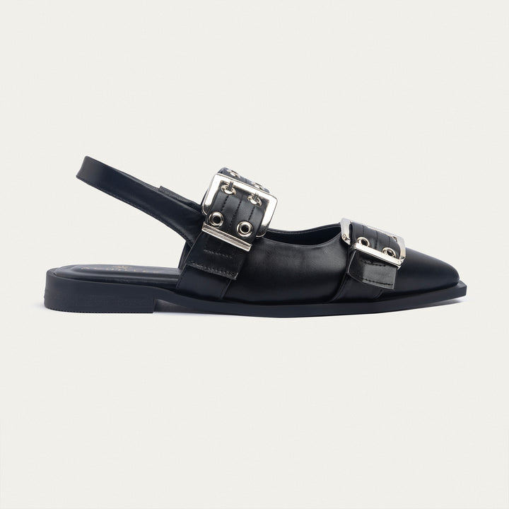 Lana Slingback Buckle Pointy Flats | Black