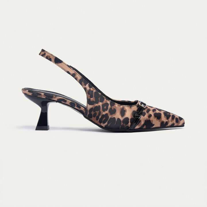 Scarla Sling kitten Heels | Satin Leopard