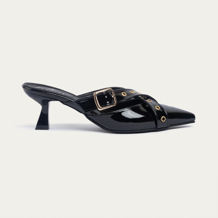 Clara Buckled Patent Mules | Black