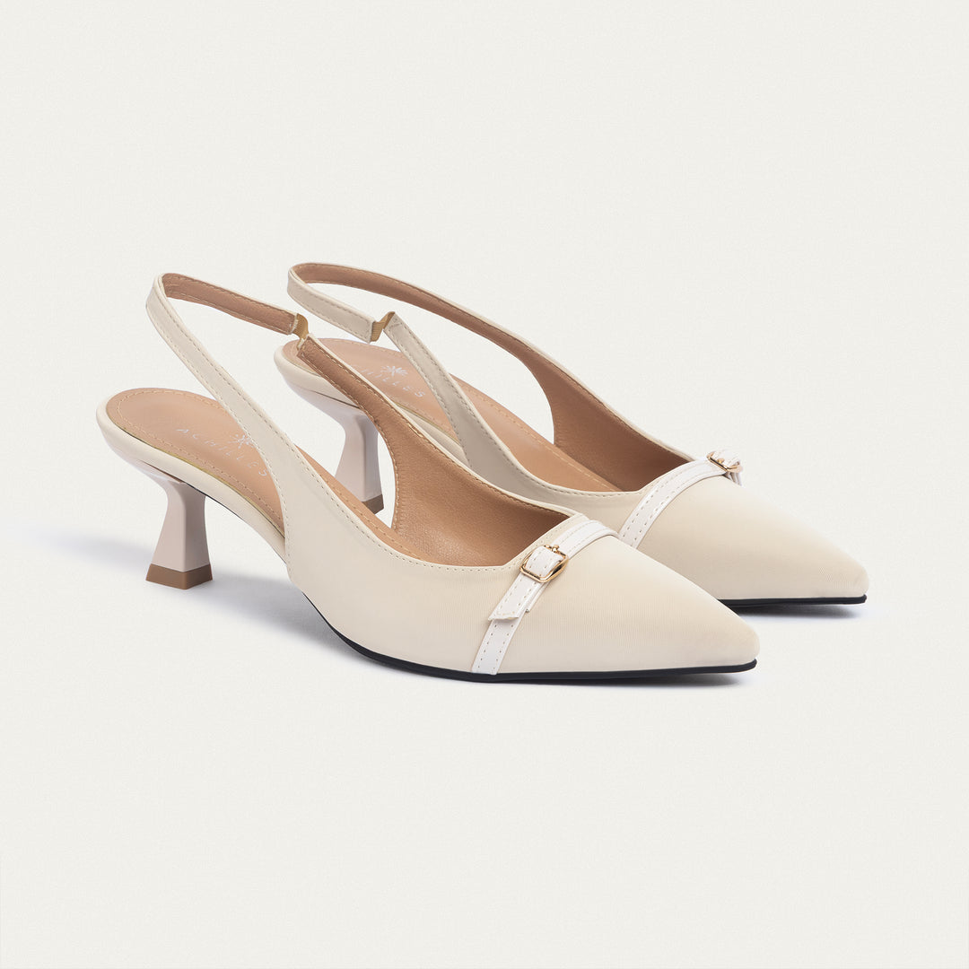 Achilles| Scarla Sling kitten Heels - Satin Beige