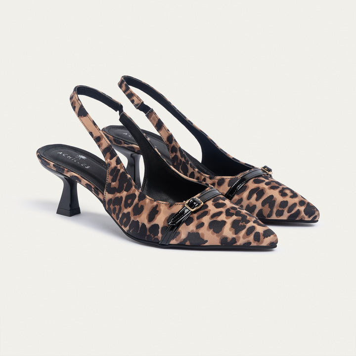 Scarla Sling kitten Heels | Satin Leopard