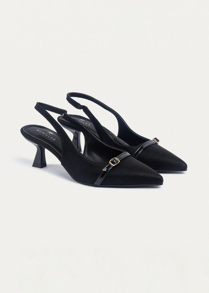 Achilles| Scarla Sling kitten Heels - Satin Black