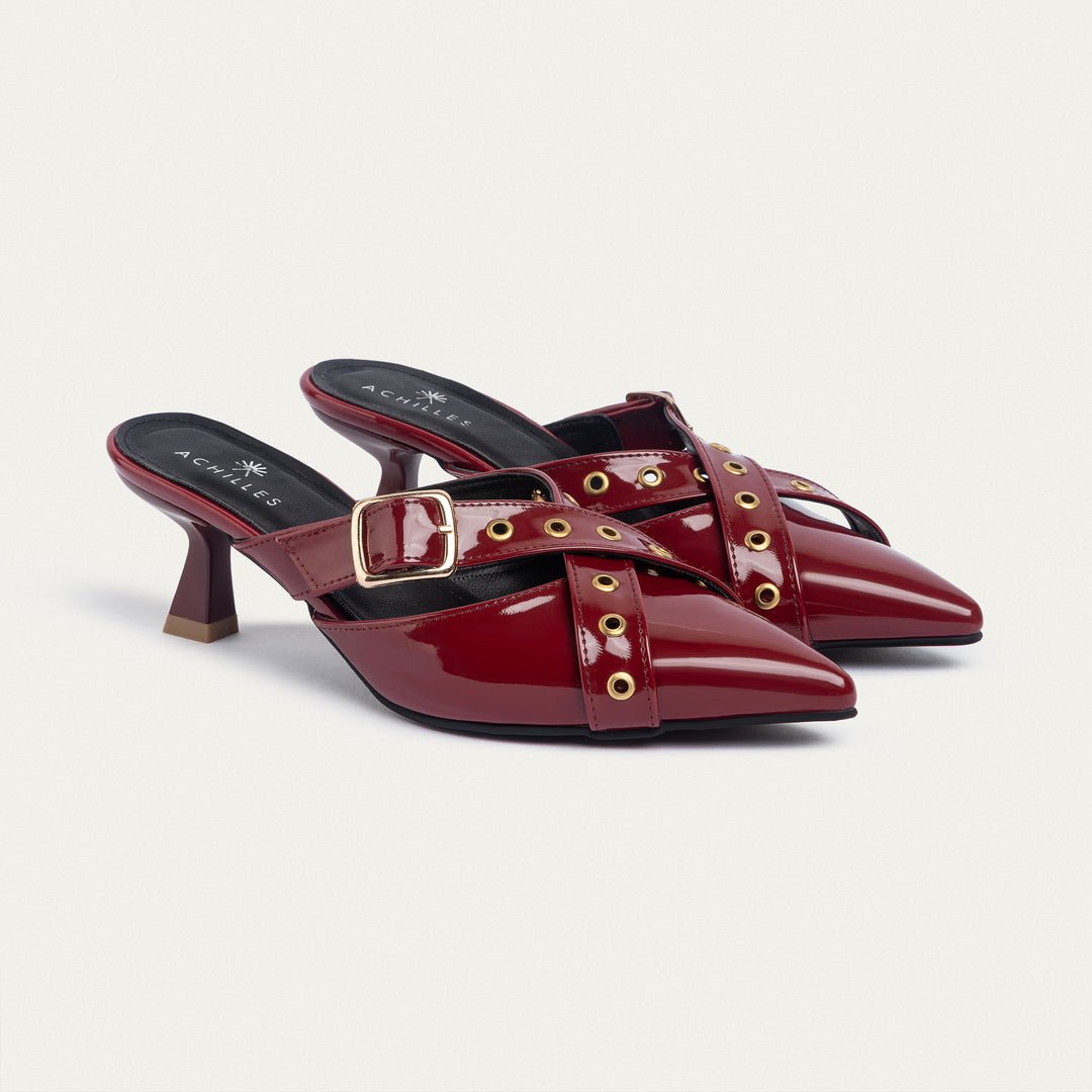 Achilles| Clara Buckled Patent Mules - Crimson Red