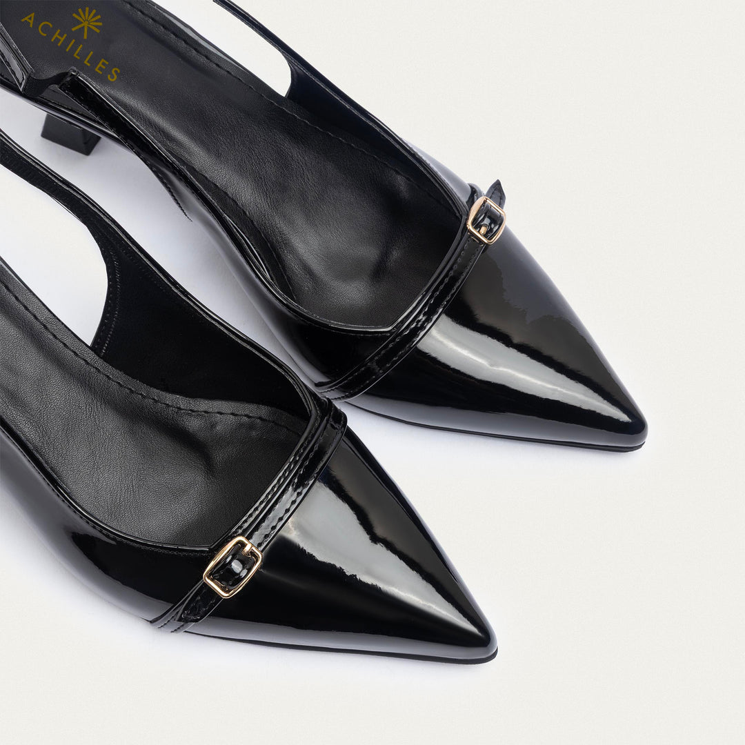 Achilles| Scarla Sling kitten Heels - Satin Black