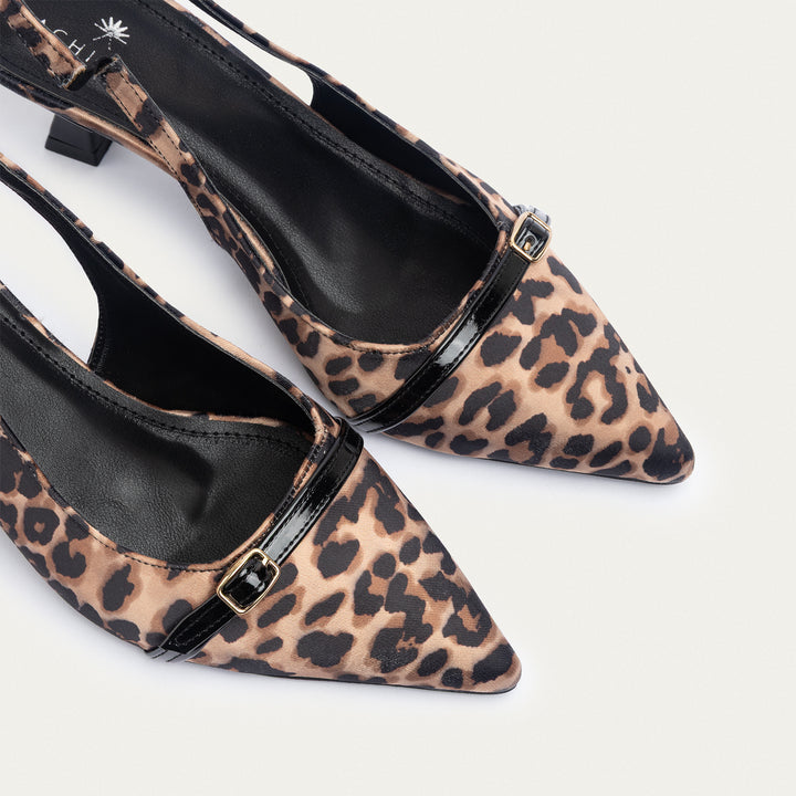 Scarla Sling kitten Heels | Satin Leopard