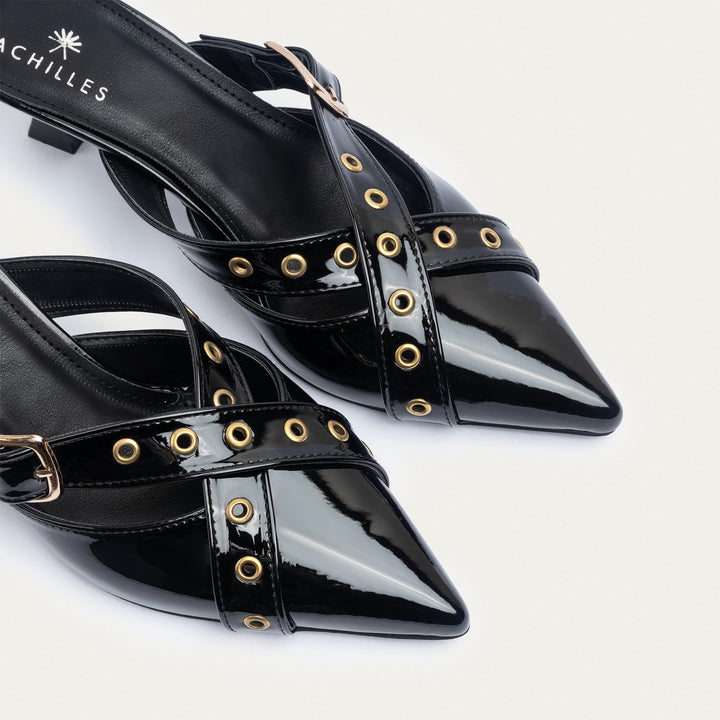 Clara Buckled Patent Mules | Black